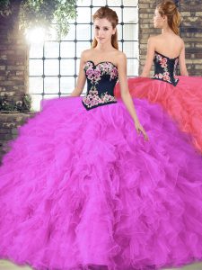 Edgy Fuchsia Ball Gowns Beading and Embroidery Quince Ball Gowns Lace Up Tulle Sleeveless Floor Length