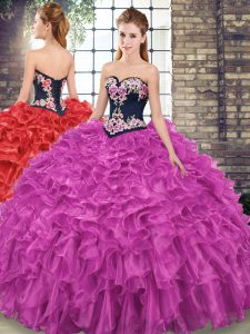 Fuchsia Sleeveless Embroidery and Ruffles Lace Up Vestidos de Quinceanera