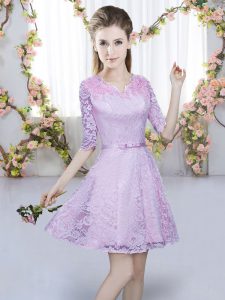 Amazing A-line Quinceanera Court of Honor Dress Lavender V-neck Lace Half Sleeves Mini Length Zipper