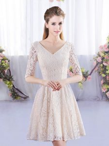 Classical Half Sleeves Mini Length Lace Lace Up Quinceanera Court of Honor Dress with Champagne