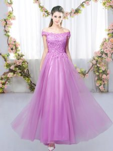 Discount Floor Length Lilac Dama Dress for Quinceanera Off The Shoulder Sleeveless Lace Up