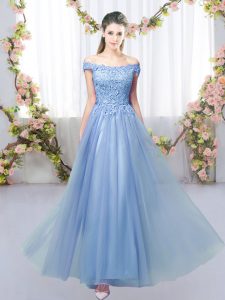 Cute Sleeveless Tulle Floor Length Lace Up Quinceanera Dama Dress in Blue with Lace