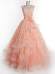 Straps Sleeveless Lace Up 15 Quinceanera Dress Peach Tulle