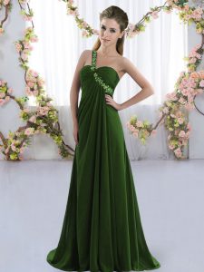 Olive Green Dama Dress Prom and Party and Wedding Party with Beading One Shoulder Sleeveless Brush Train Lace Up