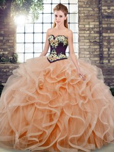 Wonderful Sweetheart Sleeveless Tulle Sweet 16 Quinceanera Dress Embroidery and Ruffles Sweep Train Lace Up
