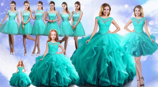 Glamorous Aqua Blue Lace Up Ball Gown Prom Dress Cap Sleeves Beading