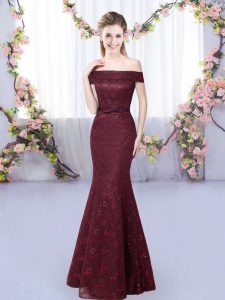 High Quality Burgundy Sleeveless Floor Length Lace Lace Up Court Dresses for Sweet 16