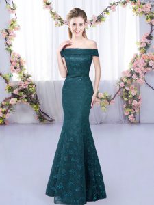 Off The Shoulder Sleeveless Quinceanera Dama Dress Floor Length Lace Peacock Green