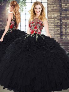 Custom Designed Sleeveless Floor Length Embroidery and Ruffles Zipper Sweet 16 Dresses with Black