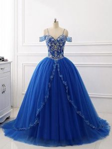 Graceful Brush Train Ball Gowns Sweet 16 Dress Royal Blue Off The Shoulder Tulle Sleeveless Lace Up