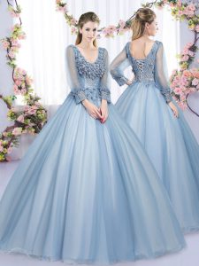 Perfect Tulle V-neck Long Sleeves Lace Up Lace and Appliques Sweet 16 Dresses in Blue