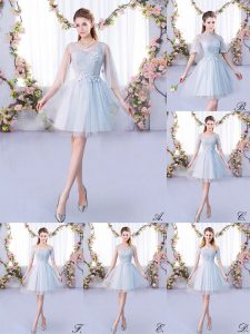 Fashionable A-line Quinceanera Court Dresses Grey Scoop Tulle 3 4 Length Sleeve Mini Length Lace Up