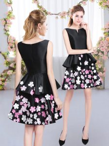 Comfortable Black A-line Satin Scoop Sleeveless Pattern Mini Length Zipper Quinceanera Court Dresses
