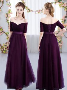 Dark Purple Off The Shoulder Lace Up Ruching Damas Dress Short Sleeves