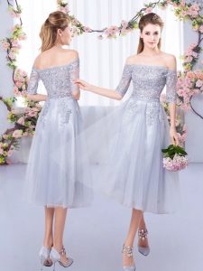 Great Half Sleeves Tulle Tea Length Zipper Court Dresses for Sweet 16 in Grey with Lace
