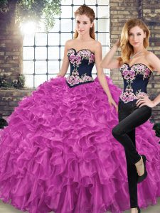 Affordable Fuchsia 15th Birthday Dress Military Ball and Sweet 16 and Quinceanera with Embroidery and Ruffles Sweetheart Sleeveless Sweep Train Lace Up