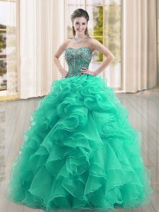 Floor Length Lace Up Sweet 16 Dresses Turquoise for Military Ball and Sweet 16 and Quinceanera with Beading and Ruffles