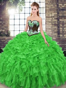 Sleeveless Organza Sweep Train Lace Up Sweet 16 Dresses in with Embroidery and Ruffles
