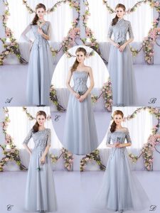 Fitting Grey Quinceanera Court of Honor Dress Prom and Party and Wedding Party with Appliques V-neck Sleeveless Lace Up