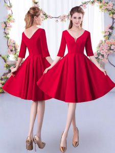 Free and Easy Knee Length Red Dama Dress Satin Half Sleeves Ruching