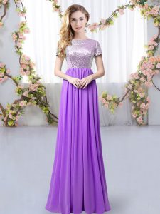 Shining Purple Empire Sequins Quinceanera Court of Honor Dress Zipper Chiffon Short Sleeves Floor Length