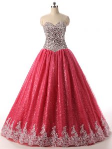Glorious Coral Red Lace Up 15th Birthday Dress Beading and Appliques Sleeveless Floor Length
