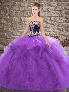 Fantastic Sweetheart Sleeveless Quinceanera Dresses Floor Length Beading and Embroidery Purple Tulle