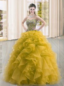 Customized Gold Sleeveless Floor Length Beading and Ruffles Lace Up Quinceanera Dress