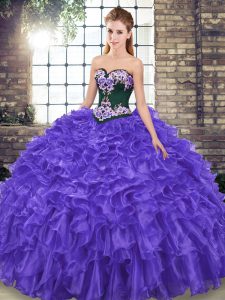 Sleeveless Embroidery and Ruffles Lace Up Quinceanera Dress with Purple Sweep Train
