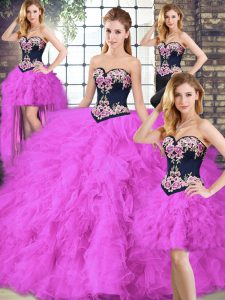 Luxury Fuchsia Sleeveless Floor Length Beading and Embroidery Lace Up Quinceanera Dresses