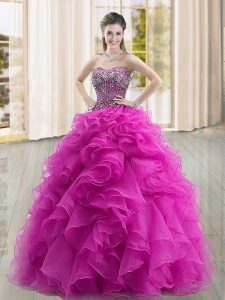 Fantastic Fuchsia Sleeveless Floor Length Beading and Ruffles Lace Up Sweet 16 Dress