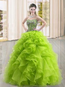 Unique Sleeveless Organza Floor Length Lace Up Quinceanera Dress in Yellow Green with Beading and Ruffles