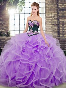 Adorable Lavender Lace Up Sweetheart Embroidery and Ruffles 15 Quinceanera Dress Tulle Sleeveless Sweep Train