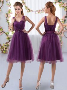 Purple Tulle Zipper Damas Dress Sleeveless Knee Length Appliques