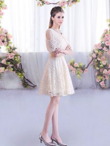 Champagne Empire Scoop Short Sleeves Mini Length Lace Up Lace Dama Dress