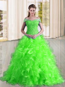 Organza Sleeveless Vestidos de Quinceanera Sweep Train and Beading and Lace and Ruffles