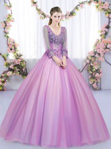 Fashionable Tulle V-neck Long Sleeves Lace Up Lace and Appliques Quinceanera Gown in Lilac