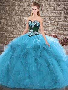 Chic Blue Sleeveless Floor Length Beading and Embroidery Lace Up 15 Quinceanera Dress