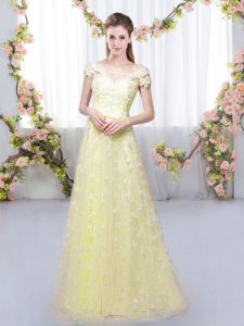 Trendy Cap Sleeves Tulle Floor Length Lace Up Quinceanera Court of Honor Dress in Light Yellow with Appliques