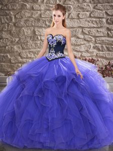 Elegant Purple Tulle Lace Up Sweetheart Sleeveless Floor Length Vestidos de Quinceanera Beading and Embroidery