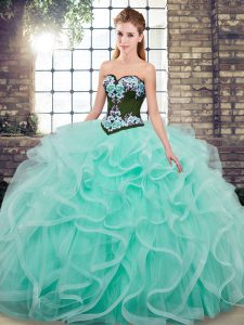 Aqua Blue Ball Gowns Tulle Sweetheart Sleeveless Embroidery and Ruffles Lace Up Sweet 16 Dress Sweep Train