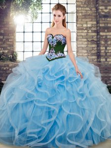 Simple Baby Blue Quince Ball Gowns Sweetheart Sleeveless Sweep Train Lace Up