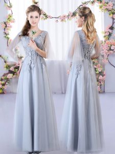 Custom Fit Grey Sleeveless Appliques Floor Length Quinceanera Dama Dress