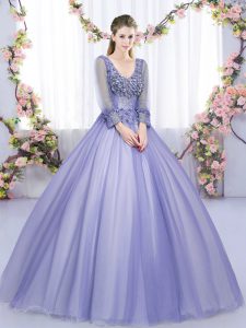 Floor Length Ball Gowns Long Sleeves Lavender Quinceanera Gown Lace Up
