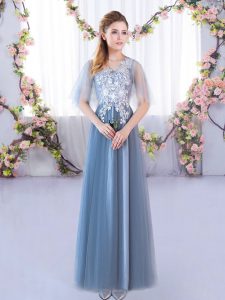 High Quality Blue Lace Up Dama Dress for Quinceanera Lace Half Sleeves Floor Length