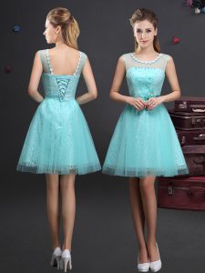 Stylish Scoop Mini Length Lace Up Quinceanera Court Dresses Aqua Blue for Prom and Party and Wedding Party with Beading and Lace and Appliques and Belt