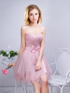 Tulle Sweetheart Sleeveless Lace Up Ruching and Bowknot Damas Dress in Pink