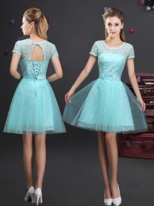 Graceful Tulle Scoop Short Sleeves Lace Up Lace and Appliques and Belt Quinceanera Dama Dress in Aqua Blue
