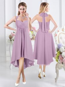 Great Halter Top Lavender Sleeveless Chiffon Zipper Damas Dress for Prom and Party and Wedding Party
