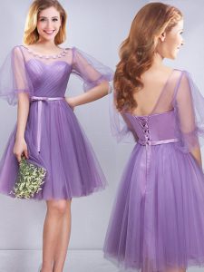 Best Selling Tulle Scoop Half Sleeves Lace Up Appliques and Ruching and Belt Quinceanera Court of Honor Dress in Lavender